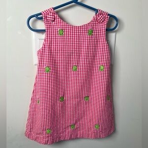 Rare Editions Pink & White Checkered Dress with Embroidered Cartoon Frogs 2T
